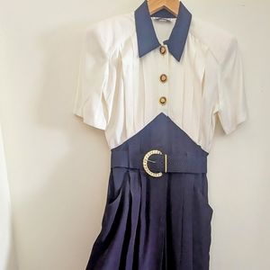 MENU Navy & White Pleated Short-Sleeve Jumpsuit with Gold Buckle